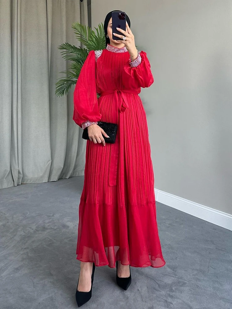 Eid Long Dress Women Muslim Diamond Pearls Abaya Pleated Robe Belt Ramadan Abaya High Neck Party Dresses Kaftan Caftan Jalabiya