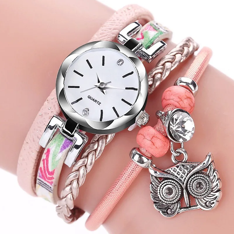 Reloj de pulsera tejido hecho a mano para Mujer, pulsera con colgante de búho Vintage, esfera pequeña, correa larga, relojes de pulsera de cuarzo para Mujer