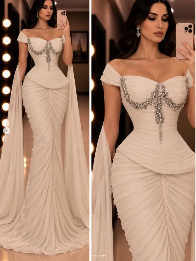 Sheath Off The Shoulder  Evening Dresses Chest with Rhinestones Watteau Train Luxury Bridal Party Arabia Prom Gowns Customized