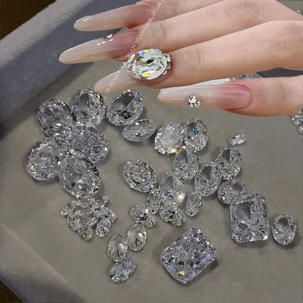 

10pcs 3D Ice-Transparent Zircon Pointed Bottom Nail Rhinestones Oval Square Crystal Gems Glass Drill Decor Nail Art Accessories