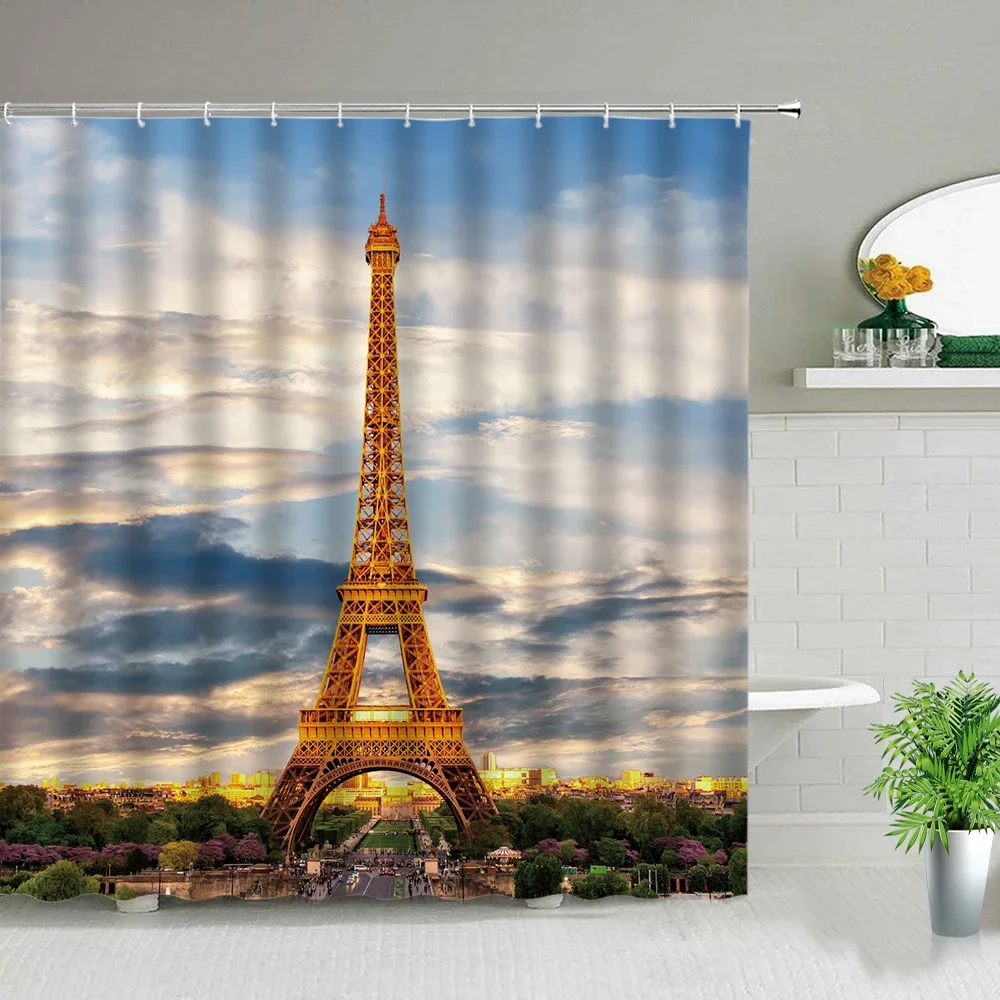 European Style Building City Landscape Shower Curtains Paris Tower London Bridge Bath Screen Waterproof Fabric Bathroom Curtain