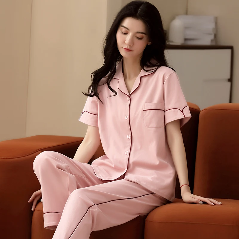 Summer casual full pure cotton women pajama sets cute pink short sleeve tops + long pants 2 pieces sleepwear women pyjama femme