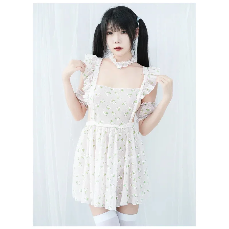

Pure Girl Floral Dress Apron Maid Unifrom Women Anime Nightdress Outfits Cosplay Costumes