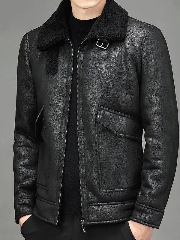 

Men's Fce Lined Thiened Winter Jaet 2025 New Sle Leather Coat with Fur Collar Faionable Busin Casual ort Coat