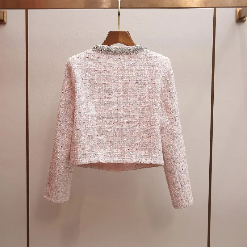 Women Sequins Cropped Tweed Jacket O‑Neck Diamond Beaded Cardigan Spring Fashion Coat