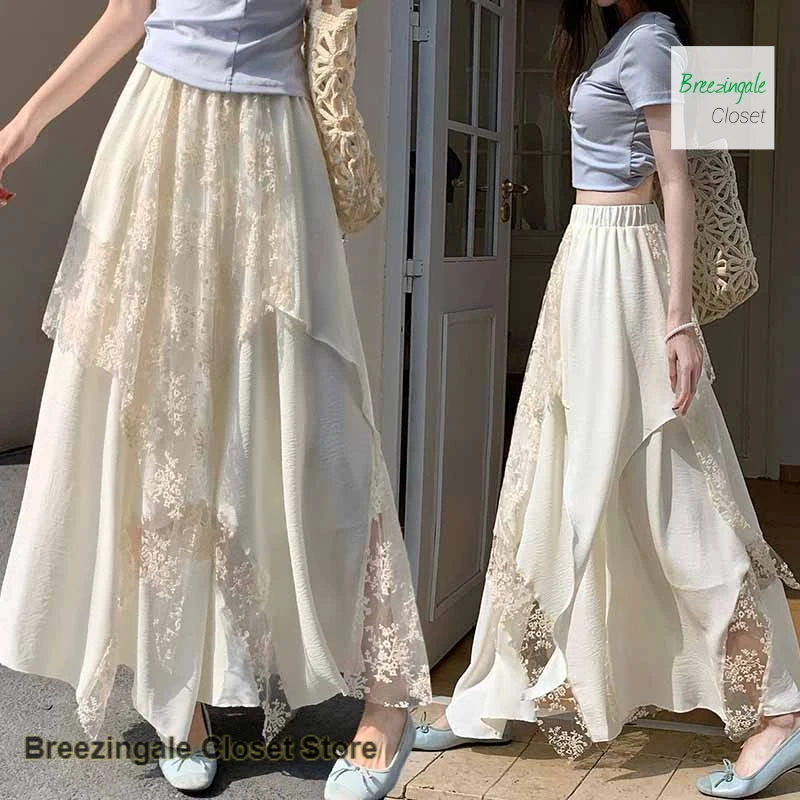 Korean white skirt heavy industry irregular lace cake skirt spring female plus size casual design sense A-shaped long skirt