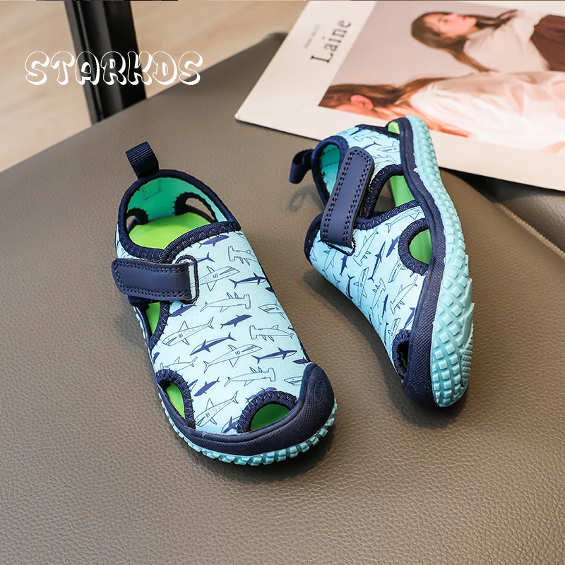 2023 Summer New Anti-Slip Sport Sandals Boys Cartoon Shark Beach Sandalias Girls Breathable Flamingo Print Hollow Out Flat Shoes