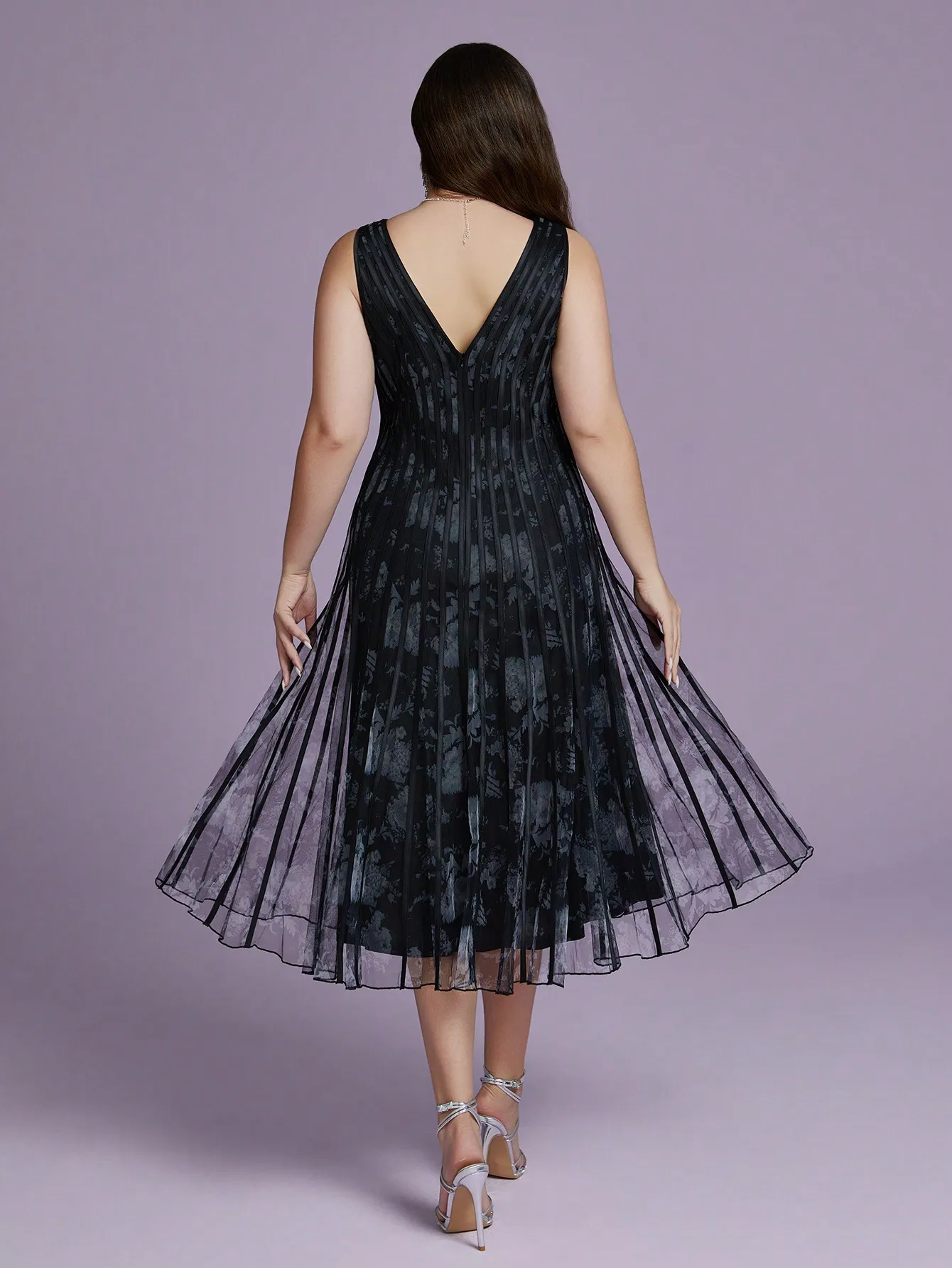 Mgiacyv-neck cross-striped printed mesh grand display high-end evening dress