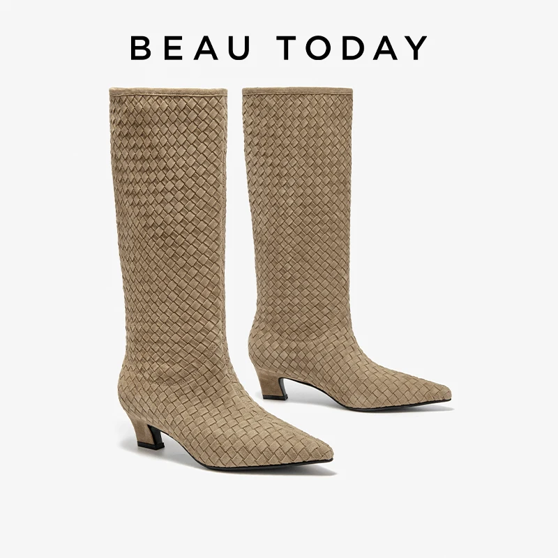 BEAUTODAY Long Boots Women Sheepskin Suede Pointed Toe Woven Design Solid Color Slip-on Ladies Shoes Handmade 01705