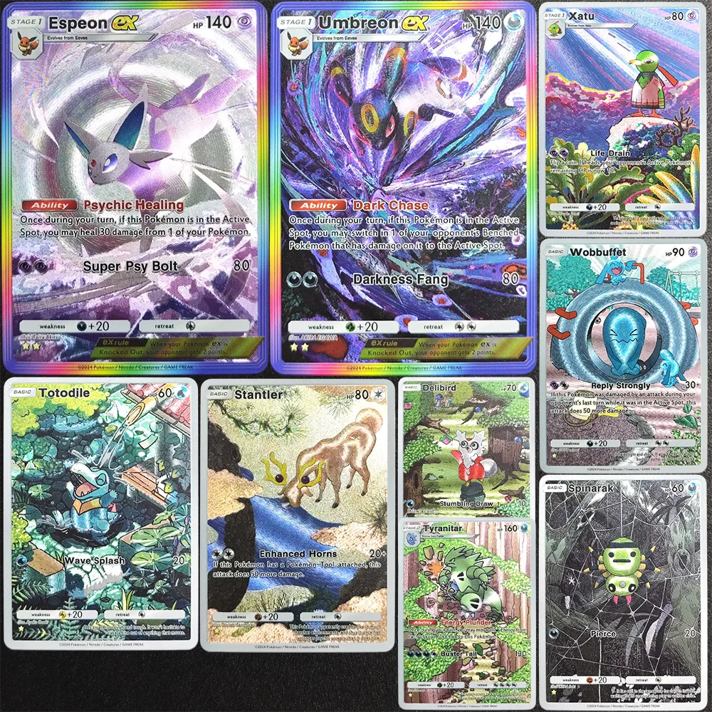 9PCS/Set TCG Pocket Umbreon Totodile Spinarak Tyranitar Stantler Delibird Xatu Espeon Game Collection Texture Flash Card Toy
