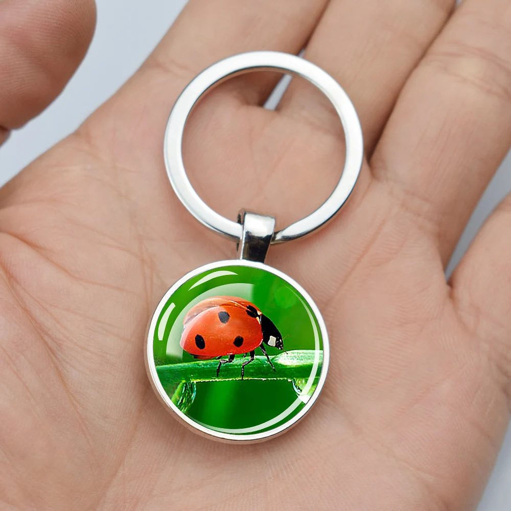 1pc Ladybug Cute Keychains Ladybird Lady Beetle Two-Sided Glass Ball Dome Wooden Pendant Key Chain Insect Keyring Jewelry Gift