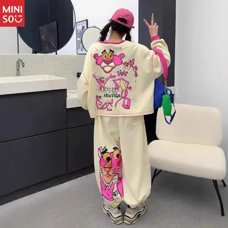 

Miniso Korean Style Fall Hoodie Set Cartoon Leopard Print Sweatshirt Pants Two Piece Outfit Children's Sets