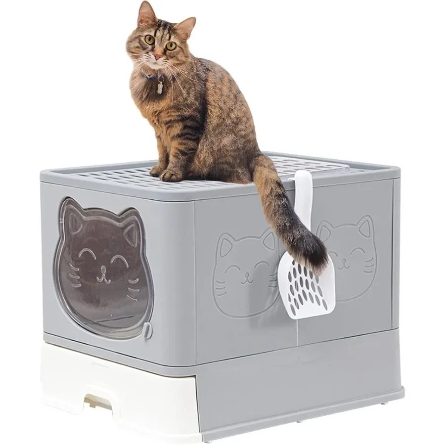 

Top Entry Cat Litter Box with Lid AntiSplash Foldable Design for Easy Cleaning and Air Freshness Using Activated Carbon Large C