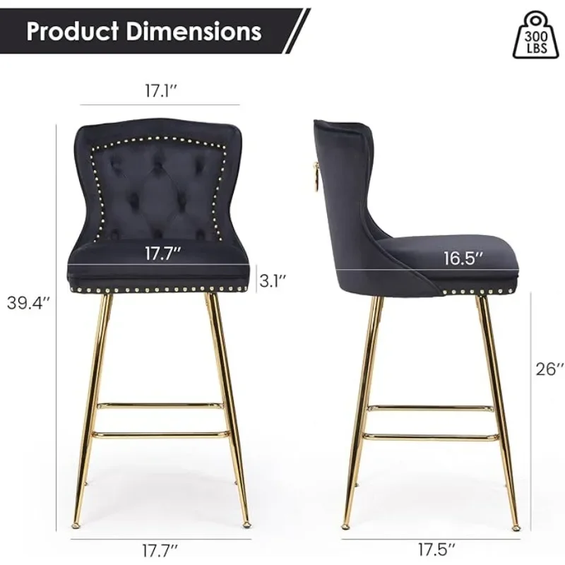 home.Bar Stools Set of 4, Velvet Counter Height Bar Stools with Metal Legs, Button Tufted and Nailheads Trim, Wing-Back Bar Chai