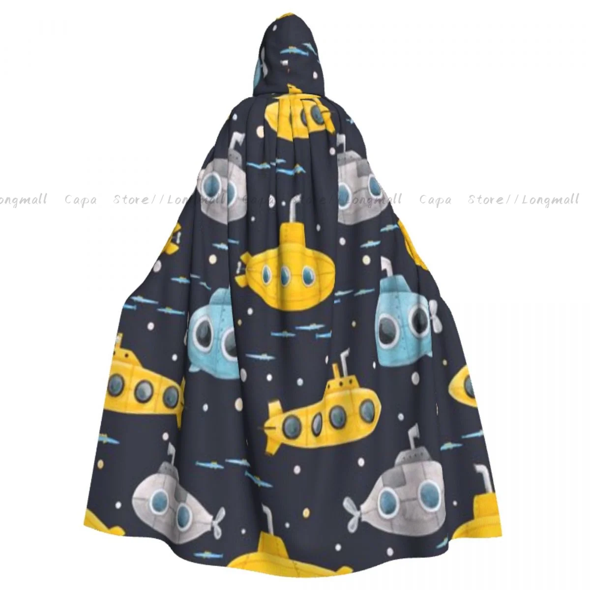 Watercolor Underwater Submarine Pattern Hooded Cloak Coat Halloween Cosplay Costume Vampire Devil Wizard Cape Gown Party