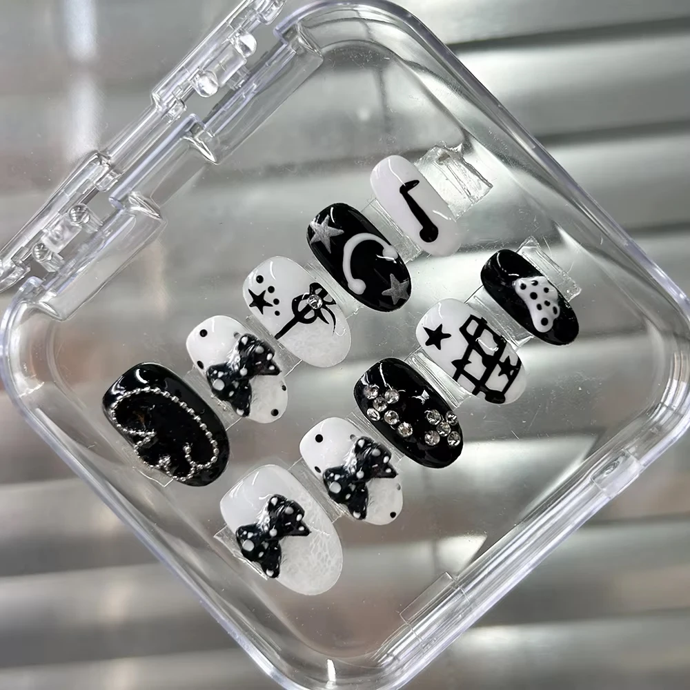 Sweet Kawaii Ice Cream Cartoon Rabbish Handmade Nails Hand-Painted Piano Keys Polka Point Music Note Wings Pearl Press On Nails