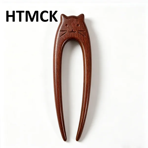 Chinese Cat Pattern Hair Sticks Wooden U Shaped Hair Forks for Women Girls Hanfu Hairpin Headwear Headpieces Hair Accessories