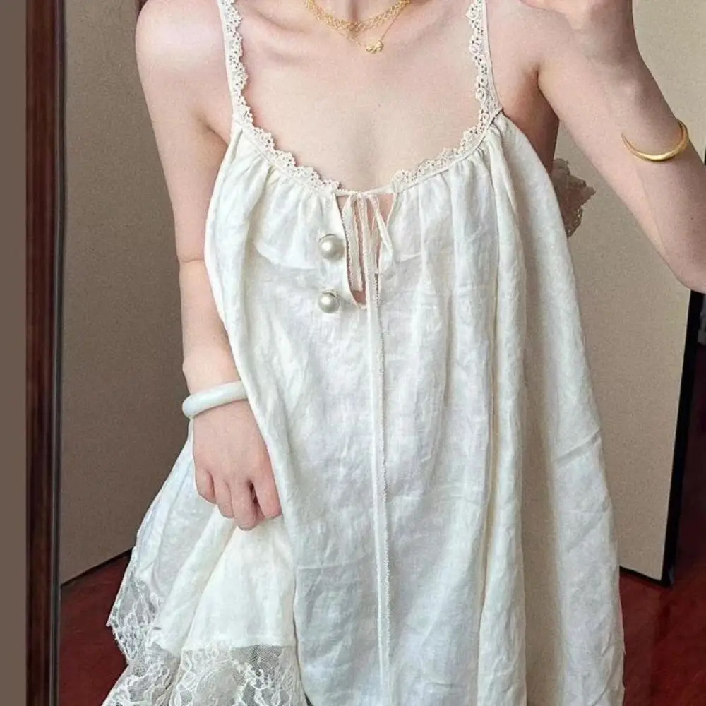 French Style Lace Trim Lace Camisole Dress Suspenders Bow Detail Nightgown Loose Fit Nightdress Homewear