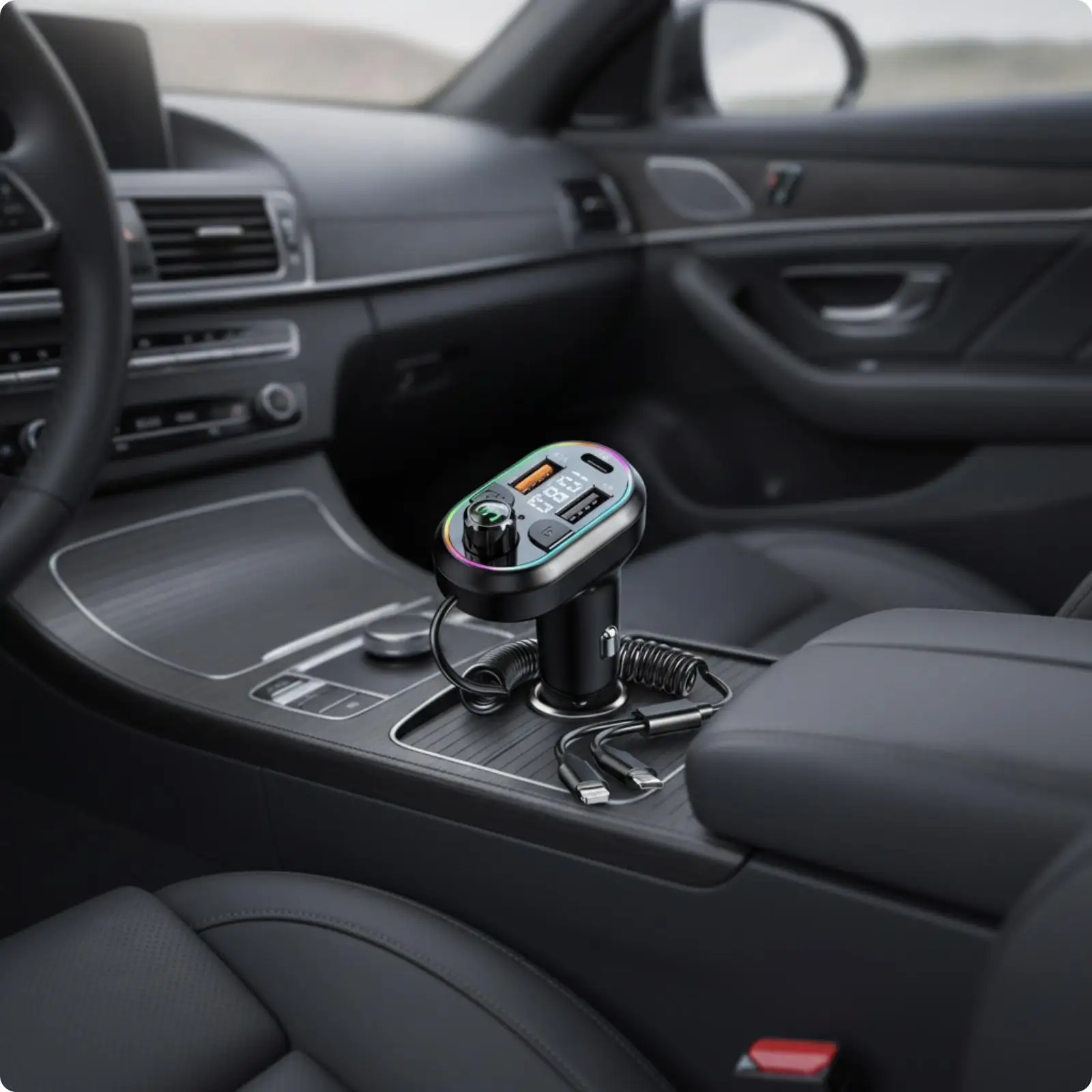 Portable Car Charger with FM Transmitter and Hands Free Call Function for Vehicle Power Outlet