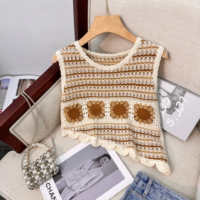 Granny Square Crochet Tank Top Sleeveless Asymmetric Hem Open-knit Crop Tops Women Teengirl Summer Fairycore Vintage Outfit