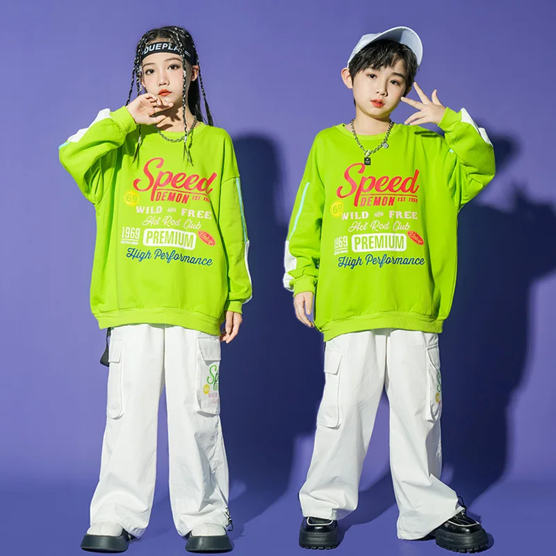 Kid Hip Hop Clothing Green Letters Sweatshirt White Casual Wide Cargo Drawstring Pants for Girls Boys Jazz Dance Costume Clothes