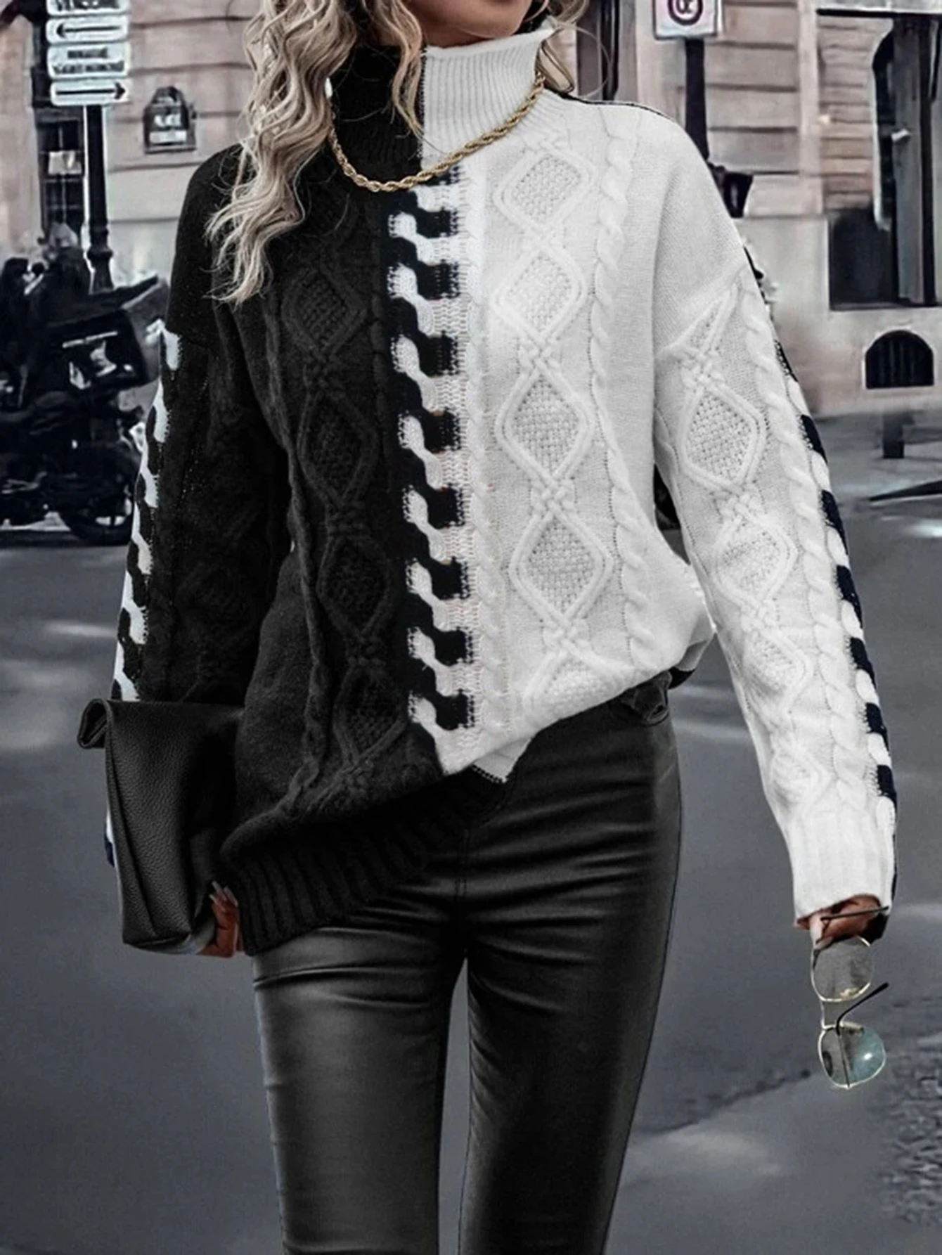 

Women's Casual Basic Patchwork Sweater Autumn Winter Long Sleeve Mock Neck Daily Wear Fashion Top