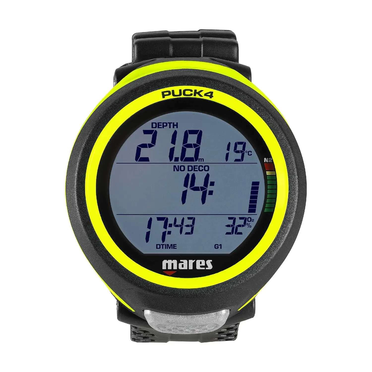 Computadora de buceo de muñeca Puck 4 |   Computadora de buceo subacuática con control de un botón estilo reloj de nivel básico, negro/negro