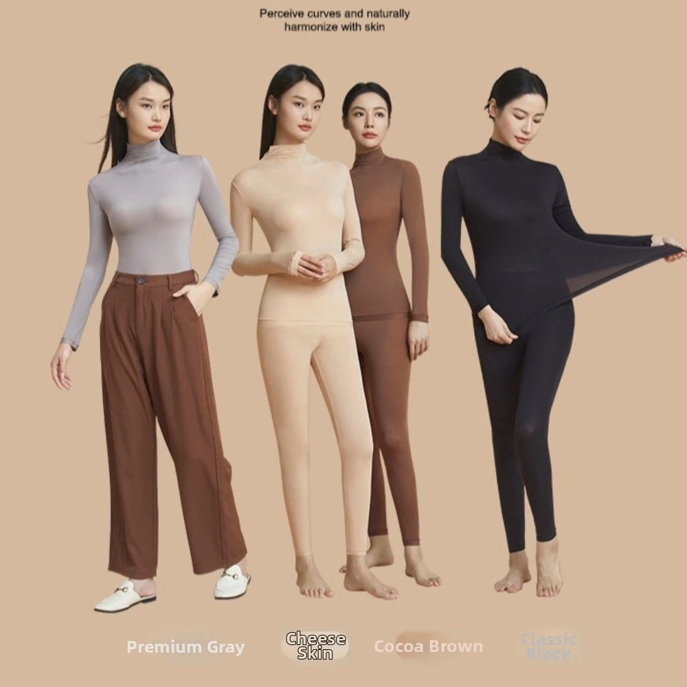 Tops and Pants Set Women Thermal Clothes Ultra-thin Invisible High Neck Thermal Underwear Lingerie Large Size Warmth Long Pants