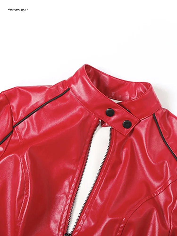 Yomesugar 2025 خريف المرأة شريط بولي Leather سترة جلدية قصيرة مثير الوقوف طوق كم كامل البريدي معطف ملابس خارجية غير رسمية Y2k الشارع الشهير #6