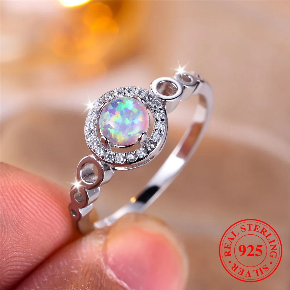 Cute Female Natural White Fire Opal Stone Round Ring Real 925 Sterling Silver Wedding Jewelry For Women