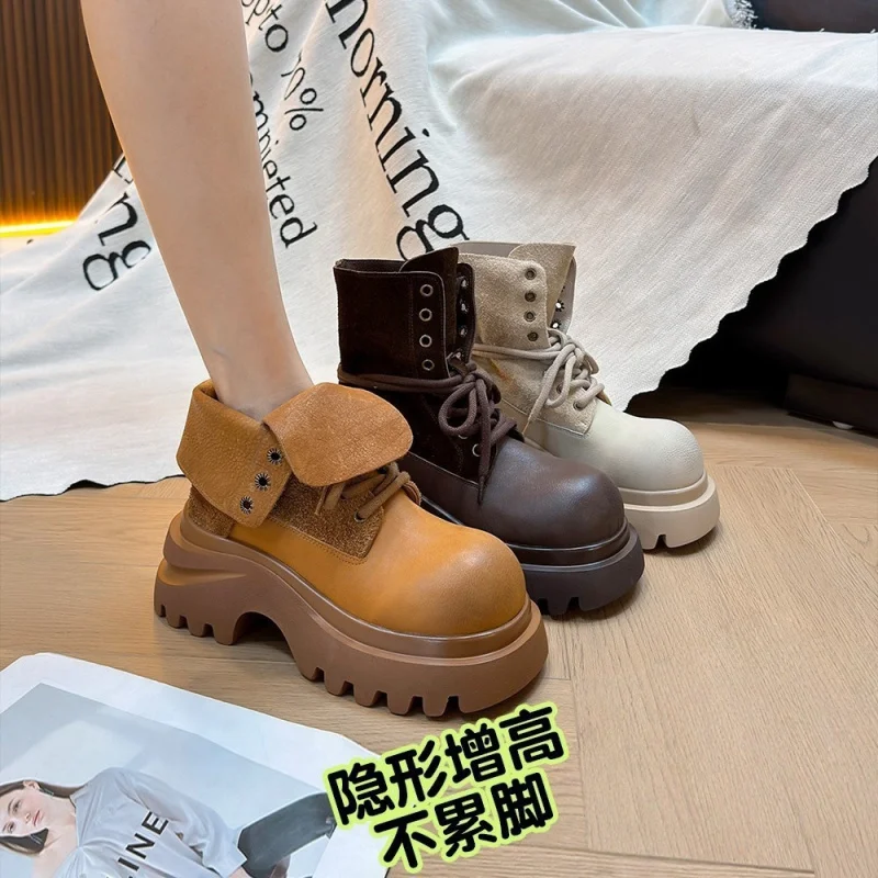 

【2025 Fashion】Women's Retro Lace-Up Platform Ankle Boots | Korean Pure Color Style Chunky Heel Booties | Versatile Casual Design