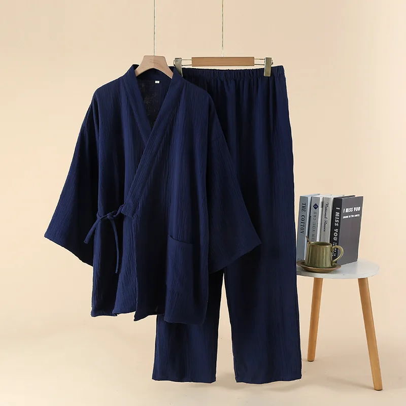 Japanese Kimono Suit Men100% Cotton Crepe Pajamas Long Sleeved Trousers Two-piece Kimono Suit for Men Sleepwear Two-Piece
