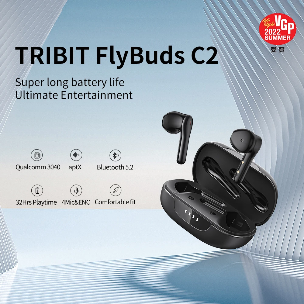 Tribit FlyBuds C2 auricolari Bluetooth Wireless 4 microfoni chiamata cancellazione del rumore chiamate cristalline auricolari 32H cuffie Playtime