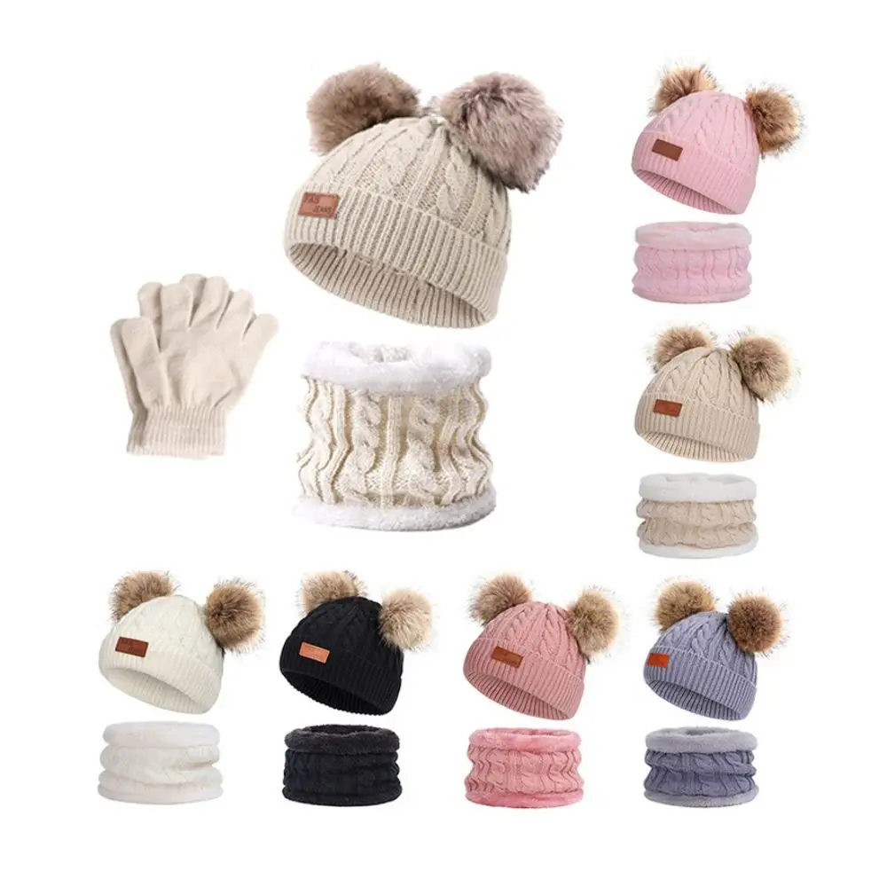 Solid Color Baby Hat Scarf Gloves Set Warm Thicken Knitted Beanie Toddler Bonnet Pompom Windproof Winter Hat Scarf Gloves view 6