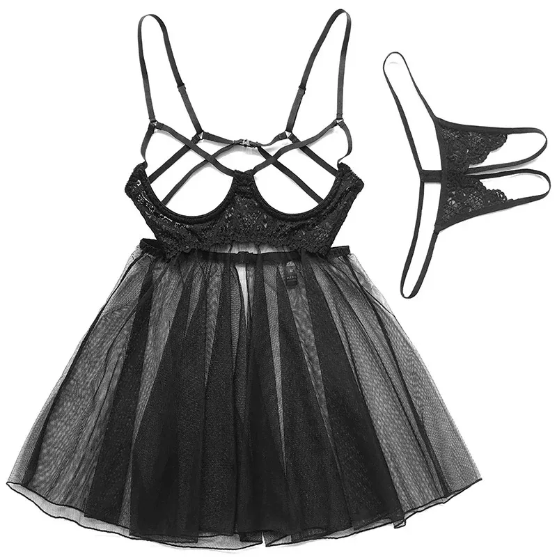 قمامة الدببة مفتوحة الصدر مثير بيبي دول الملابس الداخلية فستان المرأة الحمالة فستان النوم الدانتيل شبكة مغر ثوب النوم 2025 جديد