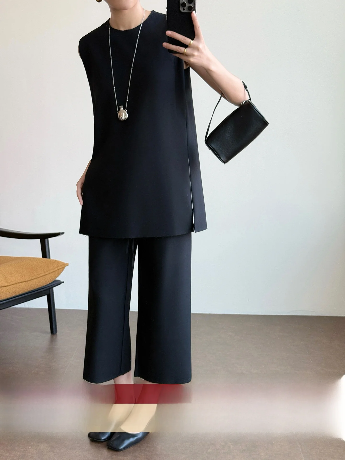 

WANGER Dimensional Structure! ROW Luxury Spun Wool Split Vest Straight Leg Eighteen Pants Set Women's Fashion Spring Summer