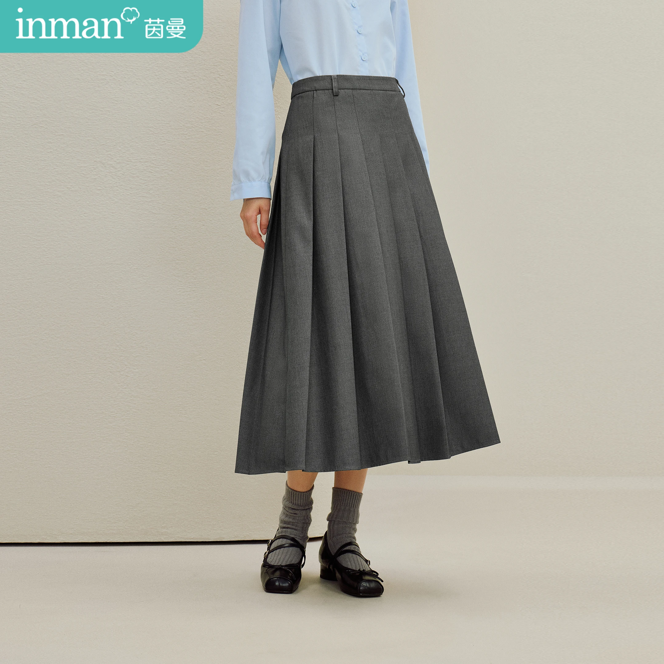 

Inman Women's 2025 Autumn New High-Waist Slim-Fit Loose A-Line Midi Skirt - Casual Pleated Gray Half-Skirt
