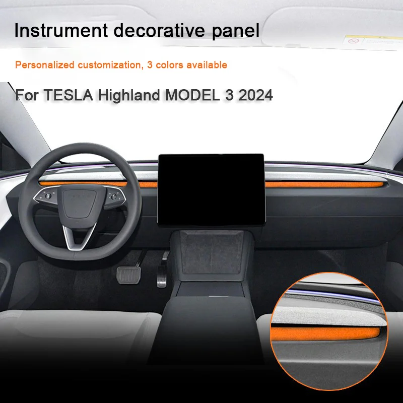 

For New Tesla Model 3 Highland 2024，Instrument Panel Decoration Bar Suede Dashboard Trim Strip Center Console Covering Accessory