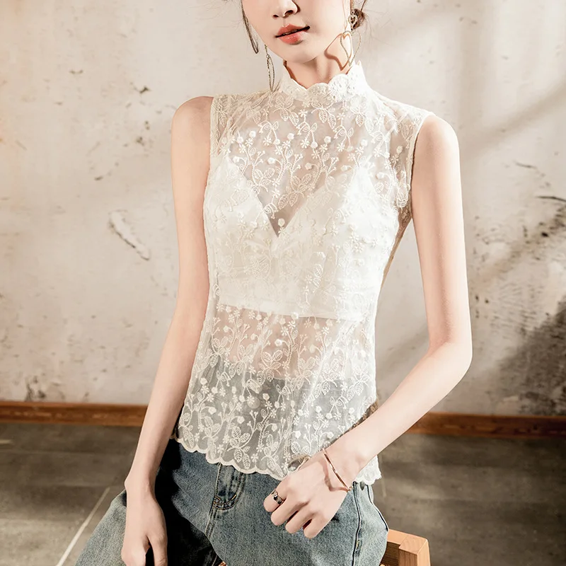 

Stand Collar Floral Embroidered Loose Outer Shirt Women's Sleeveless 2025 Spring/Summer Mesh Sheer Sexy Women's Top Y2k