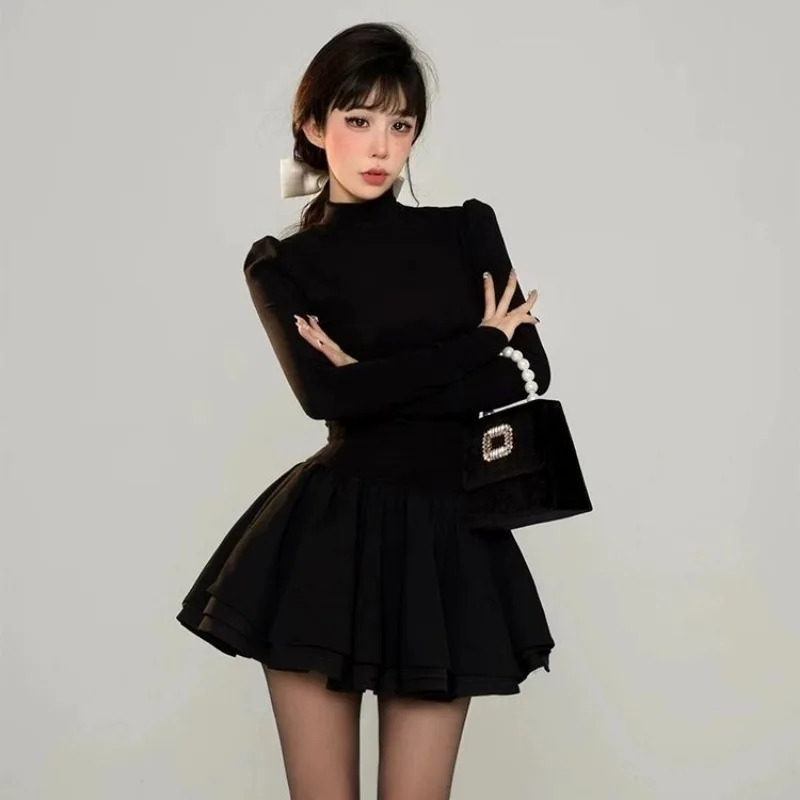 Mini vestido de manga comprida feminino meia gola alta preto sólido elegante doce vestido de baile senhoras moda estilo coreano outono outwear