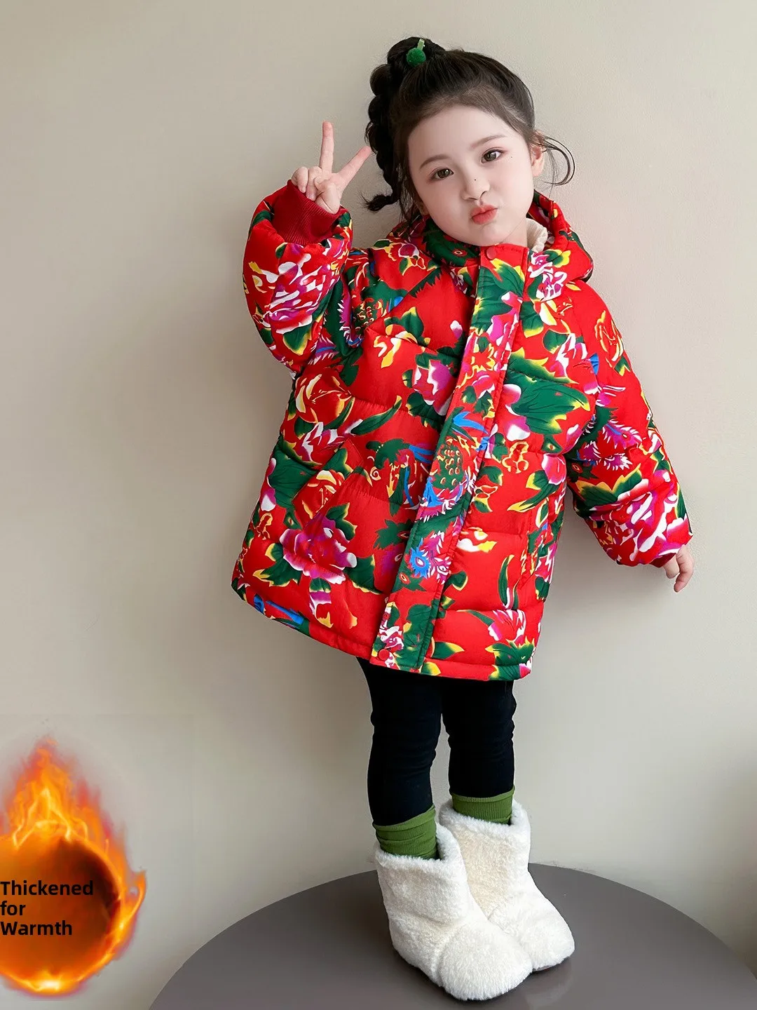

Warm Cotton Jaet for Girls Winter 2025 New Sle Hooded Floral Print Fce-Lined Children's Coat Baby Girl's Winter Clothes