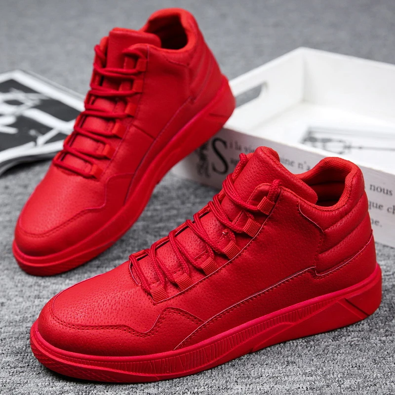 

Brand Men's Red High Top Sneakers Fashion Leather Casual Sneakers Men Streetwear Flat Designer Sport Shoes zapatillas informales