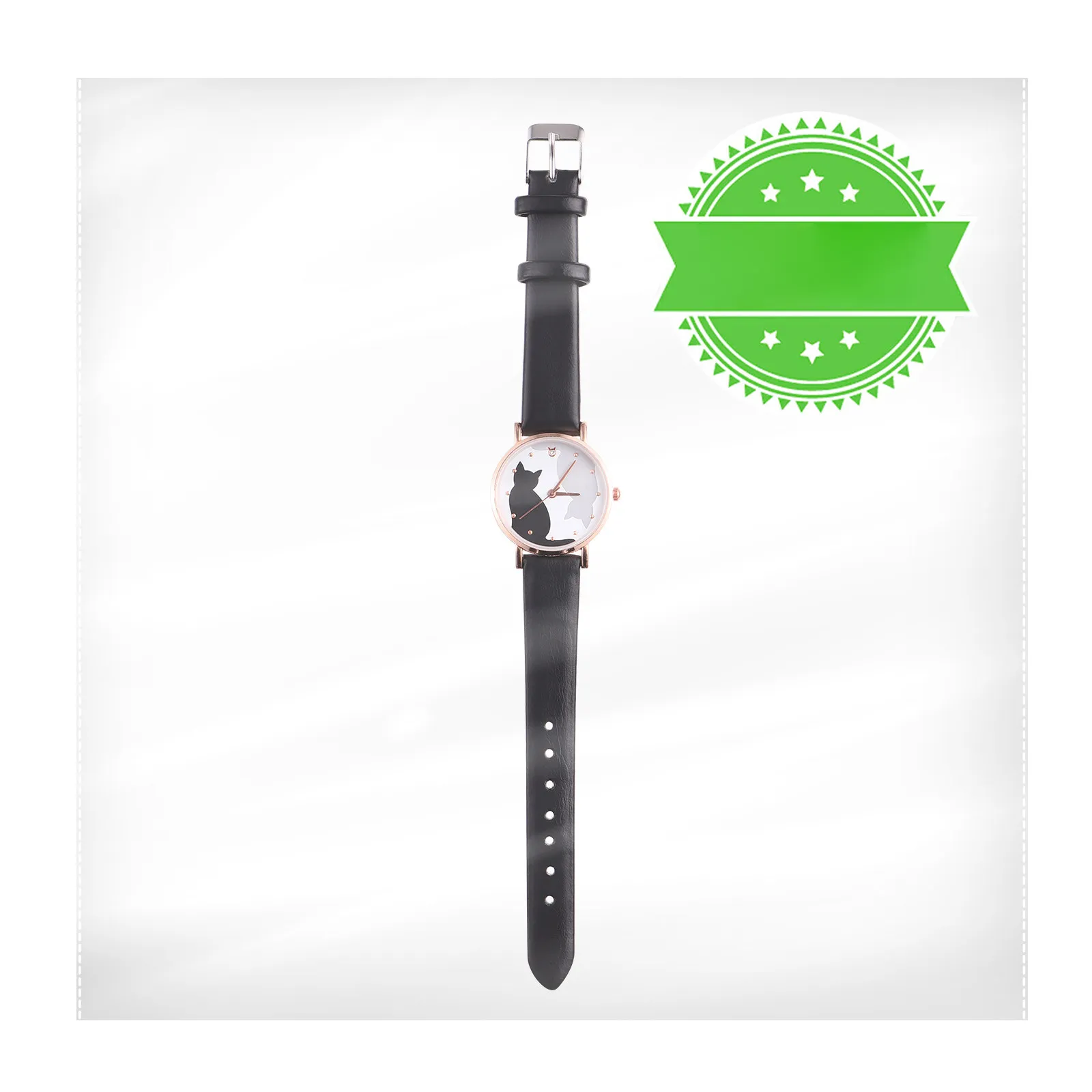 Cartoon Cat Watch for Women – Black Faux Leather Strap, Quartz Movement, Easy-Read Dial, Cute Girlish Fashion