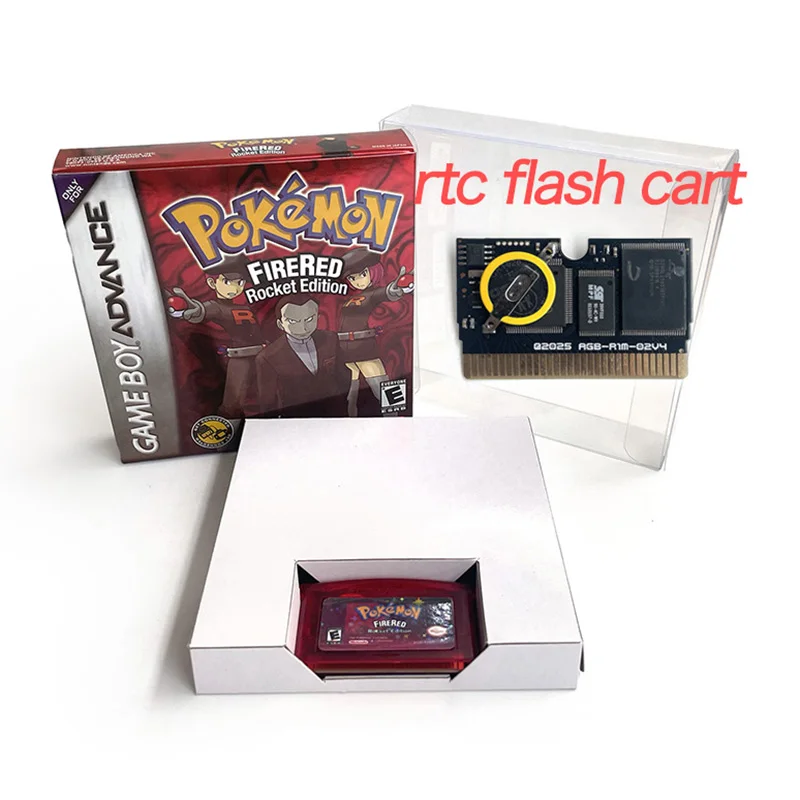RTC Flash cart USA version English pokemon firered rocket edition Metallic Holographic Box Inner Tray Game Cartridge for GBA