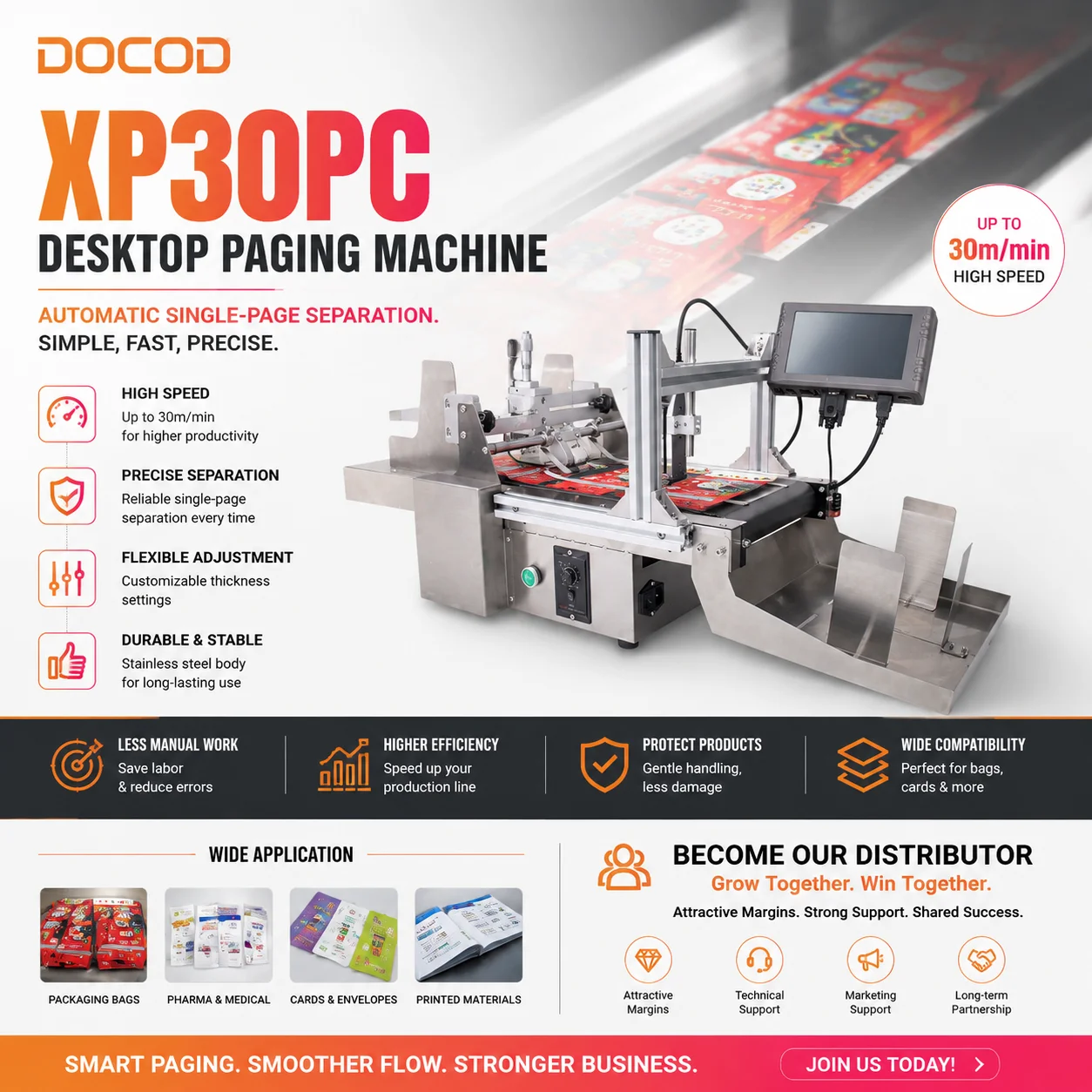 Docod OEM/ODM XP30PC Newest Paging Machine Automatic Separating Dispensing Machine for Box Card Sheet Friction Feeder Pouch Bag