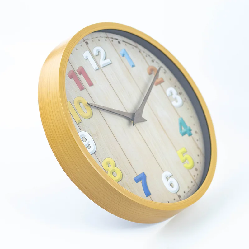 Colorful 3D Numeral Wall Clock Vintage Wood‑Look Wall Clock Silent Wall Decor for Kids Room Living Room Bedroom Home Decoration