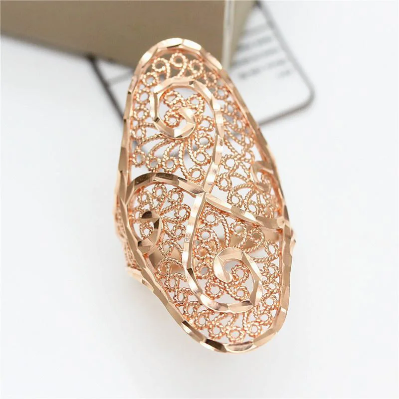 

585 purple gold 14K rose gold oval hollow flower-shaped rings for women exaggerated design shiny elegant light luxury jewelry