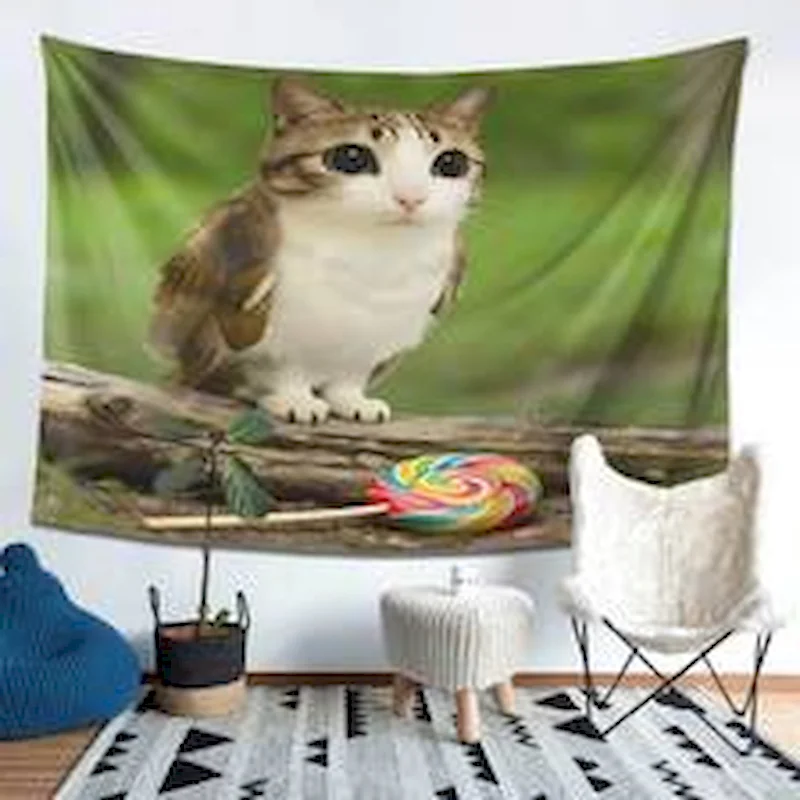 VIKAMA Cute Cat Tapestry Interesting Pet Animal Wall Hanging Kawaii Background Fabric Home Decoration