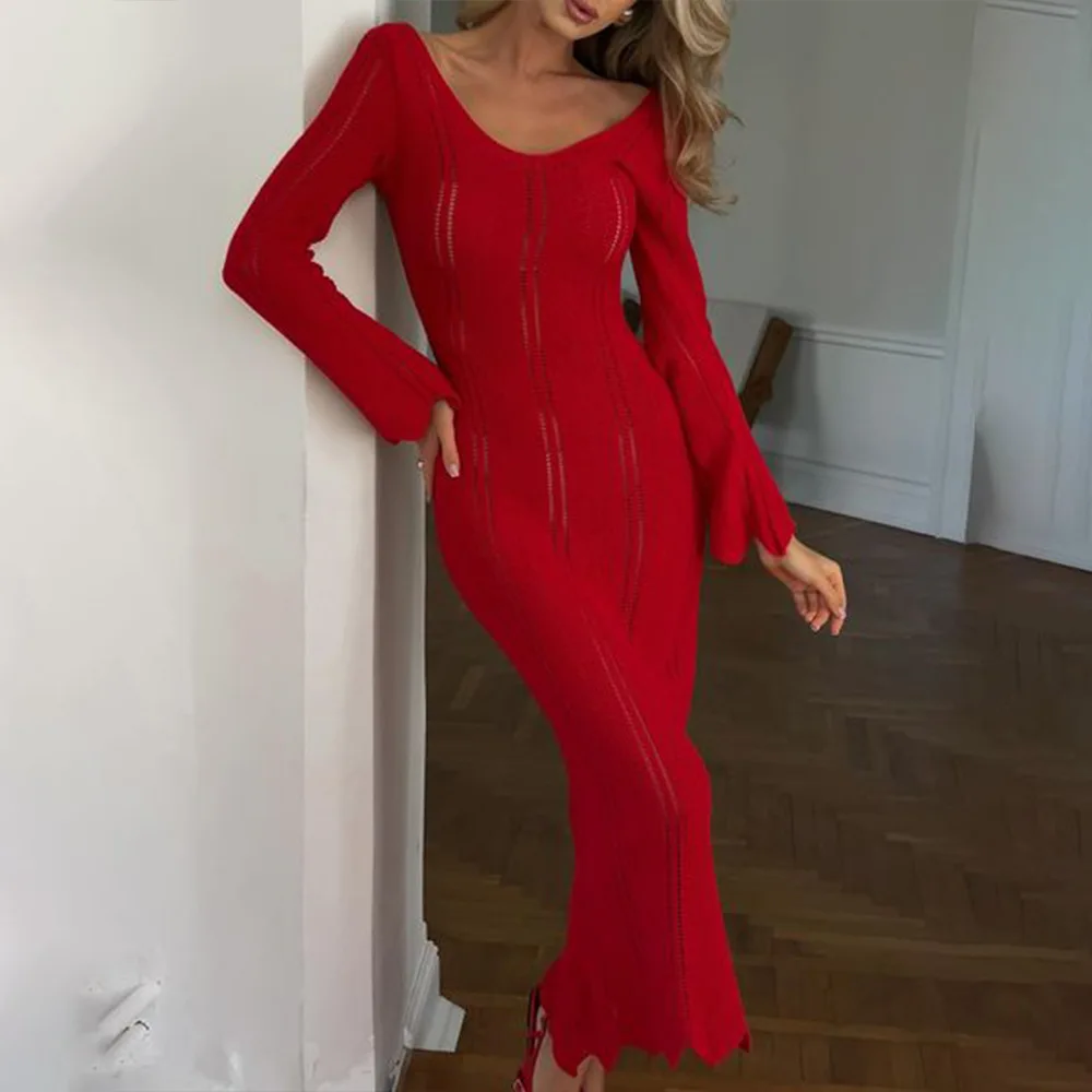 Sexy Hollow Out Knitted V-neck Maxi Dress For Women Elegant Long Sleeve Off Shoulder Slim Dress Vacation PartyClub Evening Dress