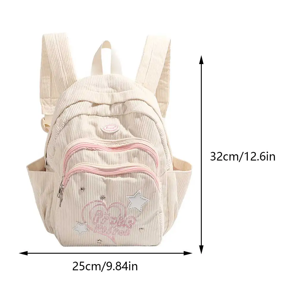 Fashion Corduroy Students Mochila Japanese Sweet Embroidered Pattern Backpack Multi-pocket Aesthetic Rucksack Y2K Women Knapsack